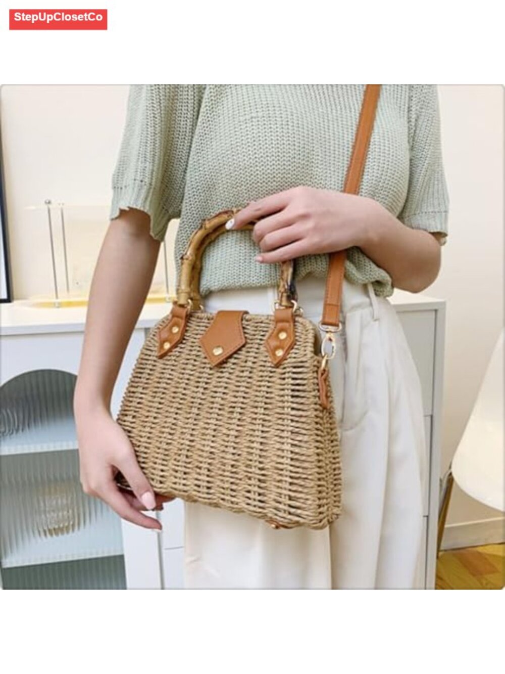 Bohemian Handmade Straw Crossbody Bag Bamboo Handle Woven Beach Purse - Picture 6 of 6